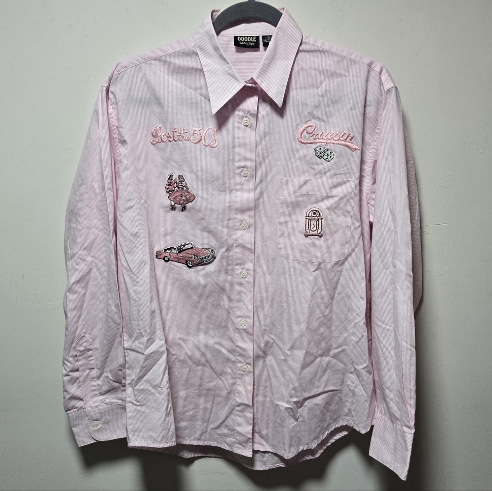 Doodle Collection Lost In The 50s Long Sleeve Button-up Size Medium Pink Retro